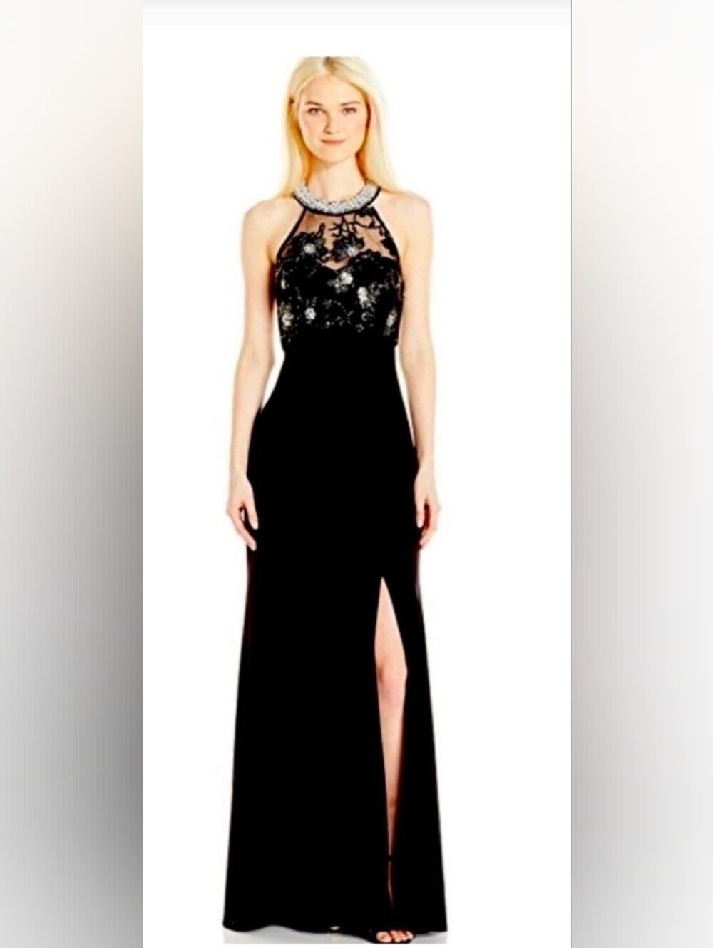 NWT My Michelle Black Halter Evening Gown with Embellished Lace Bodice